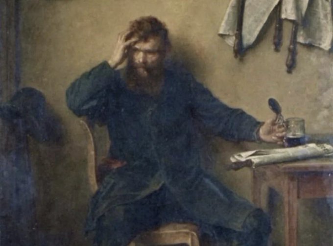 A classical painting depicting a bearded man in dark clothing sitting at a table, holding his head in apparent distress while grasping a small mirror in his other hand.