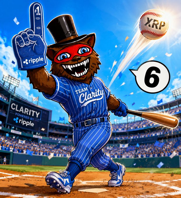 The image features a cartoon baseball player wearing a blue striped uniform, holding a bat and standing on home plate during a game. The player has a foam finger up in the air with Ripple written on it. The caption of the image reads "RIPPLE WILL BE #1 @Ripple just dropped this banger: “No matter who won the Congressional Baseball Game, we’re on Team Clarity! But zoom in on that glam #1 foam finger repping Ripple hard!".