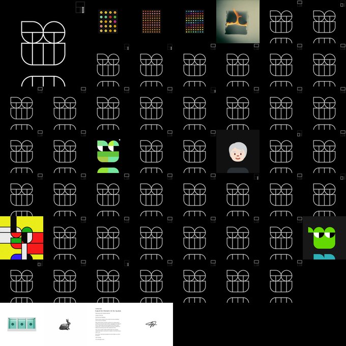 A design grid showing multiple variations of a geometric logo or icon, including a large outlined version on the top left and various colored iterations throughout.