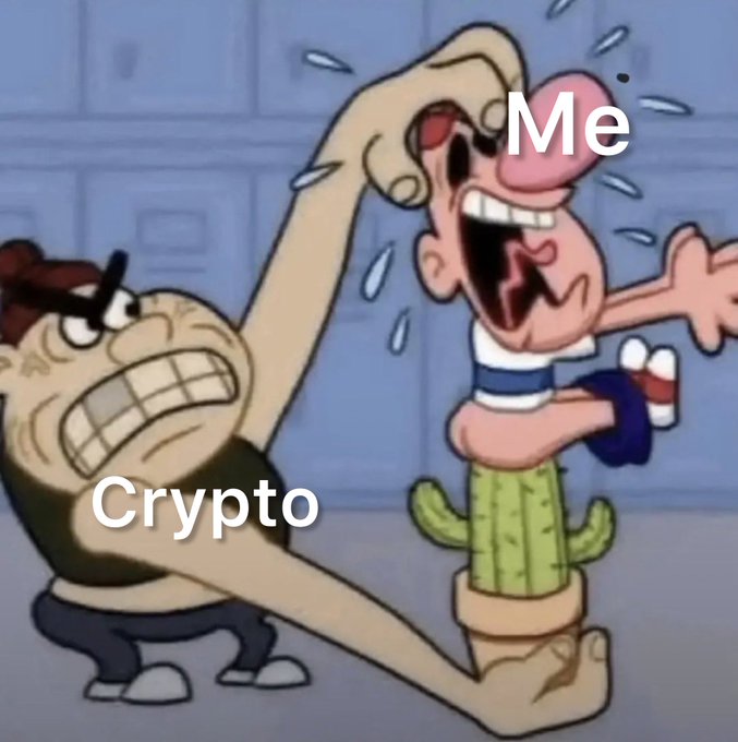 A SpongeBob meme showing Squidward aggressively squeezing and squeezing Patrick's nose, labeled "Crypto" and "Me" respectively, humorously depicting how the crypto market pressures me.