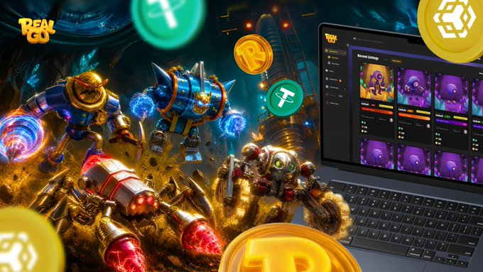 The image shows a "Real Go" gaming/crypto platform interface on a laptop displaying a marketplace with items for sale, surrounded by robotic characters battling in a sci-fi setting with floating gold coins featuring Tether (₮), Bitcoin (₿), and other cryptocurrency symbols. The composition visually represents the post's context of trading in-game items like a "Genesis Harvester" with support for various cryptocurrency token pricing options.