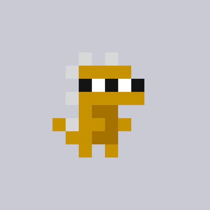 A pixel art rendering of a small yellow and white dinosaur-like creature with sunglasses, possibly a fan-made sprite.