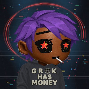 A digital avatar of a person with purple hair and star-shaped sunglasses wearing a dark shirt that reads 'GR⚽K HAS MONEY' against a dark, glowing background.