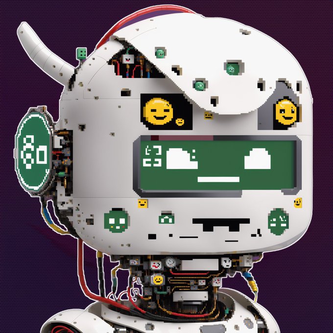 A 3D rendering of a damaged white robot head with exposed circuitry and pixelated face elements, set against a dark purple background.