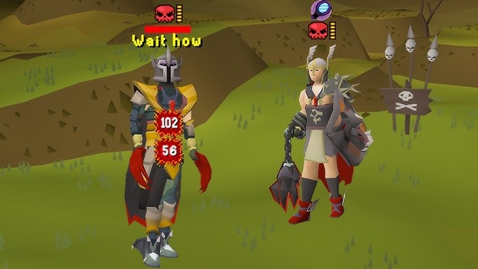 A screenshot from Old School RuneScape shows a player in dark melee armor with two damage splashes of "102" and "56" appearing, while a barbarian assault partner stands nearby, illustrating the 1-tick (zero-tick) melee practice technique where damage doesn't splat onto the opponent.