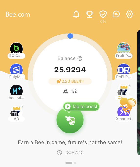 A screenshot of the Bee.com app dashboard displays a balance of 25.9294 BEE with an earning rate of 0.20 BEE/hr, featuring a prominent "Tap to boost" button and a 24-hour countdown timer (23:57:10). The surrounding mini-games like "BC.Game," "PolyMarket," "DeFi Racer," and "Xmarket" tie directly into the post's message about the daily earning cycle, reinforcing the caption's theme that users must continuously tap, earn, and repeat before the timer resets to claim more BEE tokens.