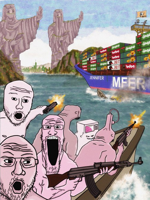 A wojak-style illustration depicting pale figures in a boat firing guns at a container ship labeled "JENNIFER MFER" loaded with boba, bebe, and Pope-branded shipping containers.