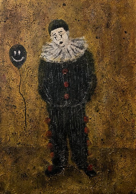 A folk art-style painting depicts a sad-looking clown in a black striped outfit holding a black balloon with a smiling face, set against a heavily textured brownish-gold background.