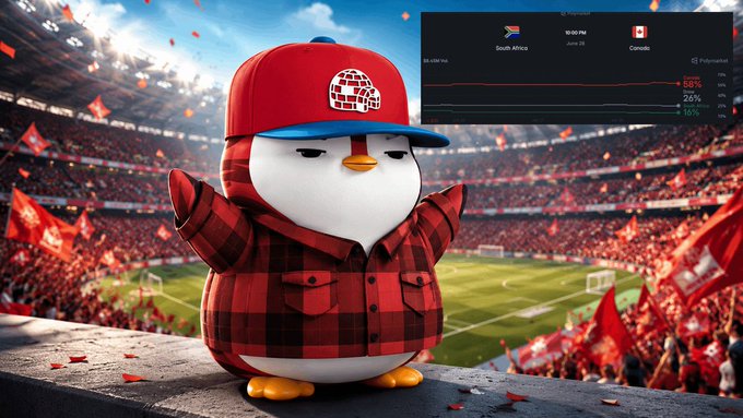 A cartoon penguin wearing a red cap and plaid shirt cheers in a packed stadium, with an overlay showing a Polymarket prediction market for Canada vs. South Africa (10:00 PM June 19), displaying Canada favored at 74% to advance compared to South Africa's 26%. The image visually captures the excitement of the FIFA World Cup 2026 knockout stage kickoff match referenced in the post.