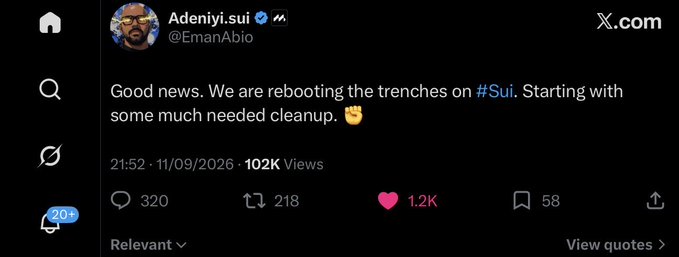 A tweet from Adeniyi.sui (@EmanAbio) reading 'Good news. We are rebooting the trenches on #Sui. Starting with some much needed cleanup.' posted on 11/09/2026 with 102K views, 1.2K likes.