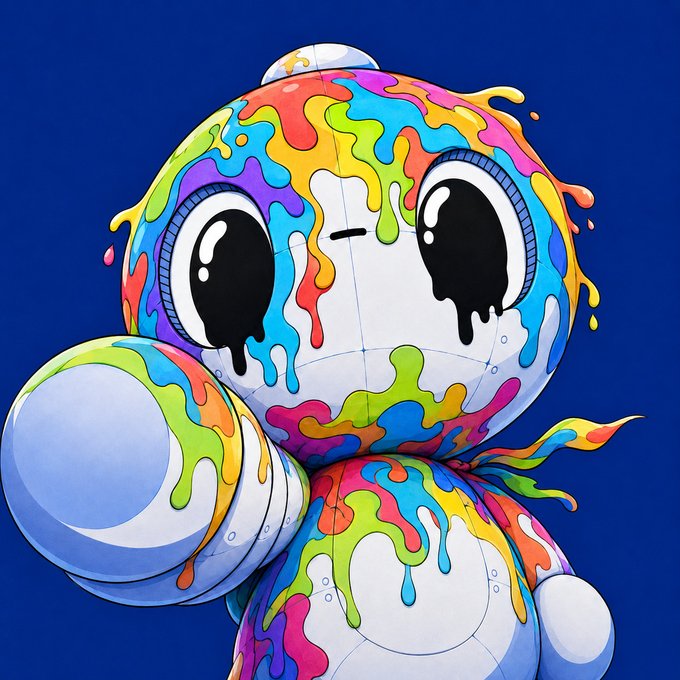 A colorful cartoon character resembling a robotic figure covered in dripping, multicolored paint, featuring large expressive eyes against a solid blue background.