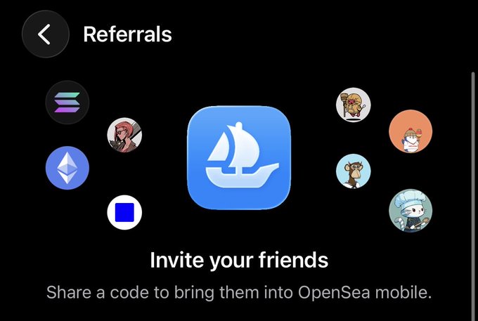 The image shows a social media app with a black background, featuring a blue square that says "Referrals" at the top. Below this, there are several circles containing different types of characters or icons related to the app's features. The main focus is on the text below the squares, which reads "Invite your friends". This message encourages users to invite their friends into the app and share a code with them for an exclusive experience at OpenSea mobile.