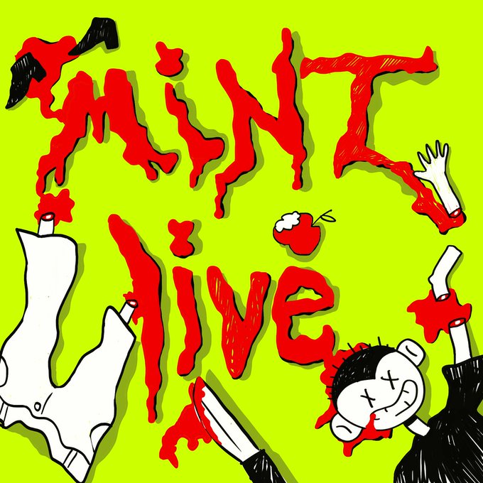 The image, with its bloody text "MINT LIVE" and macabre cartoon elements, visually represents the accompanying post's announcement of a new mint with a dark, morbid theme.