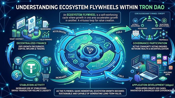 The image features a detailed diagram of an ecosystem flywheel within the context of TRON DAO. The diagram illustrates the interconnected components that make up this self-reinforcing cycle, including the growth of users attracting developers who create applications, which in turn attract more users and thus continue to grow.

The post provides information about ecosystem flywheels and their relevance to the cryptocurrency world. It explains how these systems work and how they can be leveraged for various purposes within the blockchain ecosystem. The image serves as a visual aid that helps convey complex concepts in a clear and concise manner, making it easier for viewers to understand the workings of an ecosystem flywheel.