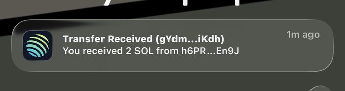 A smartphone notification displays "Transfer Received (gYdm...iKdh)" with the message "You received 2 SOL from h6PR...En9J" from 1m ago, confirming the accidental transfer of 2 SOL mentioned in the post.