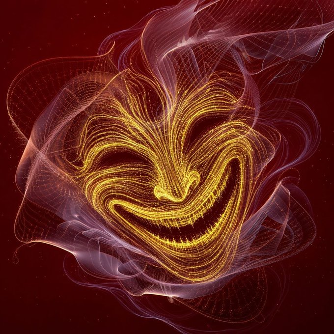 An abstract digital artwork features a glowing heart-shaped form composed of swirling golden and orange light streaks against a deep red background.