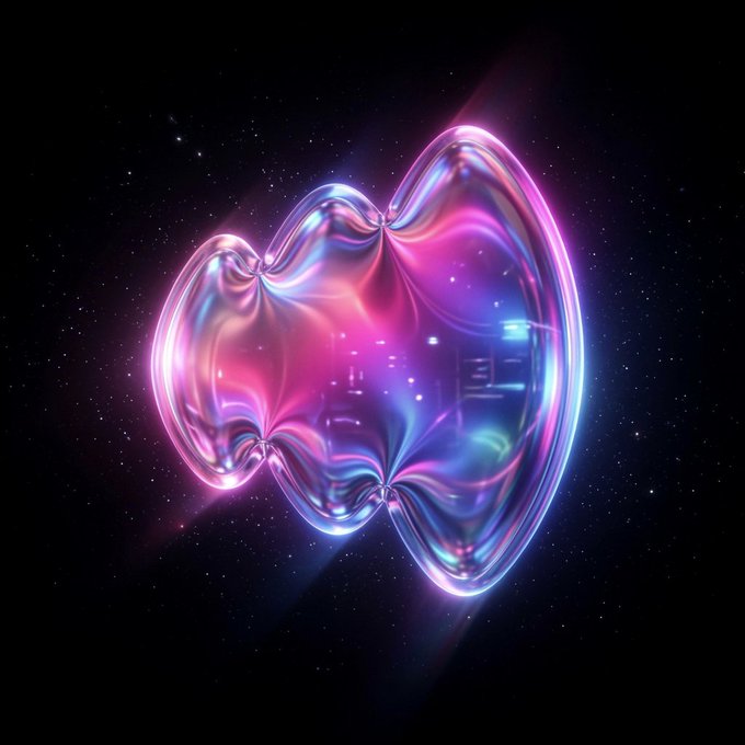 A 3D digital rendering of a glossy, iridescent pink and blue abstract form floating against a starry black background.
