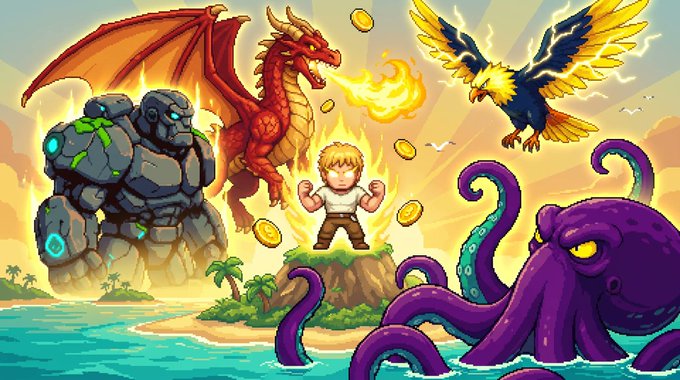 A colorful cartoon fantasy illustration featuring a young hero surrounded by a stone golem, red dragon, thunderbird, and purple kraken on a tropical island.