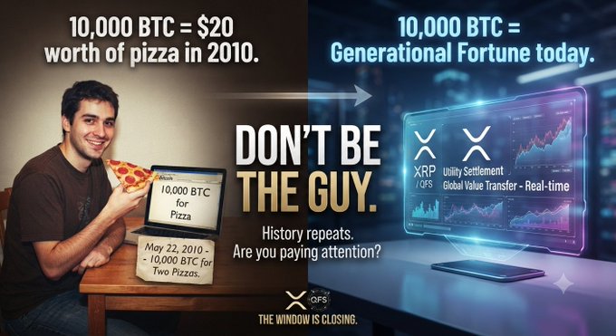 A promotional image comparing Bitcoin's value, showing a man with pizza and a laptop reading "10,000 BTC for two Pizzas" dated May 22, 2010, alongside the text "DON'T BE THE GUY. History repeats. Are you paying attention?" and an XRP/GPS ad with "THE WINDOW IS CLOSING."