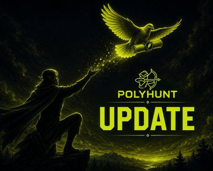 A dramatic yellow and black promotional graphic for 'POLYHUNT UPDATE' featuring an archer reaching toward a glowing yellow dove carrying a scroll, with the PolyHunt logo (bow and arrow).
