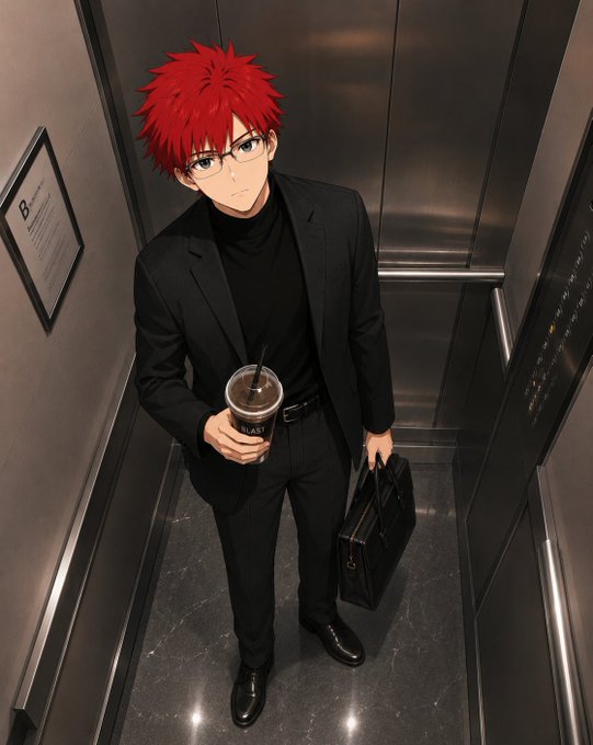 An anime-style illustration of a young man with red hair and glasses wearing a black suit and turtleneck, holding a coffee cup and briefcase inside an elevator.