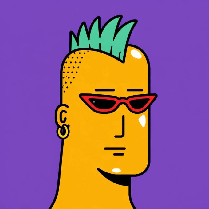 A stylized cartoon illustration of a man with a teal mohawk, red sunglasses, and an earring on a purple background, used to promote a flash giveaway for a 777 Punk NFT where participants must like, retweet, and follow @BTCMilk for a chance to win.