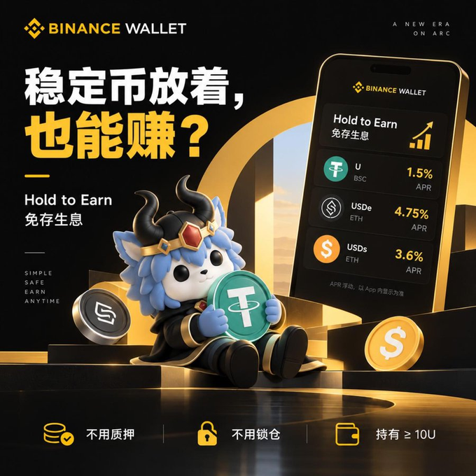 A Binance Wallet advertisement promoting their new "Hold to Earn" feature, displaying a cartoon mascot holding a Tether (USDT) coin alongside a smartphone interface showing yields of 1.5% APR for USDC (BSC), 4.75% APR for USDe (ETH), and 3.6% APR for USDs (ETH), with Chinese text highlighting that no collateral or locking is required to earn passive rewards on stablecoins held in the wallet.