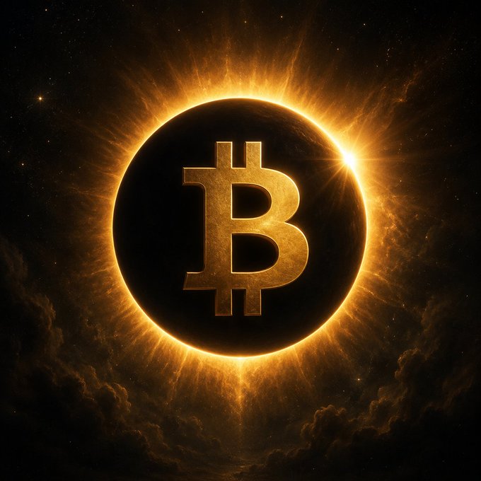 A dramatic illustration of a glowing golden Bitcoin symbol eclipsing a bright sun-like orb against a dark, cloudy background.