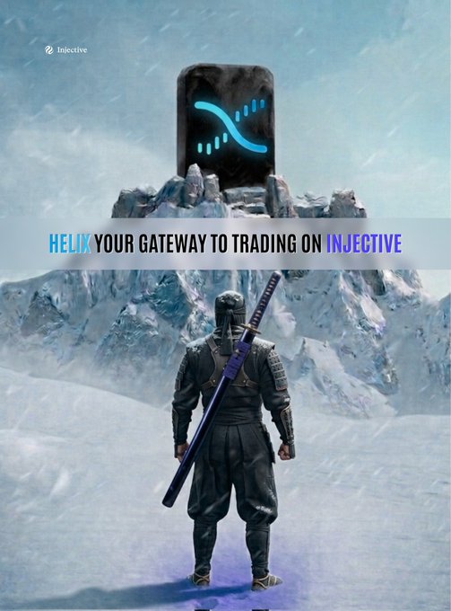 An image featuring a samurai standing before a monolithic structure engraved with a blue spiral, accompanied by the text "HELIX YOUR GATEWAY TO TRADING ON INJECTIVE." This visual metaphorically positions Helix as the powerful, central gateway to the advanced decentralized trading features described in the post.