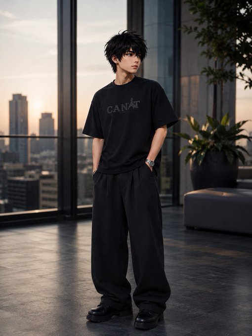 A young man with messy black hair stands in a modern high-rise room wearing an oversized black t-shirt with 'CANAT' text and baggy black pants, with a city skyline visible through floor-to-ceiling windows at sunset.