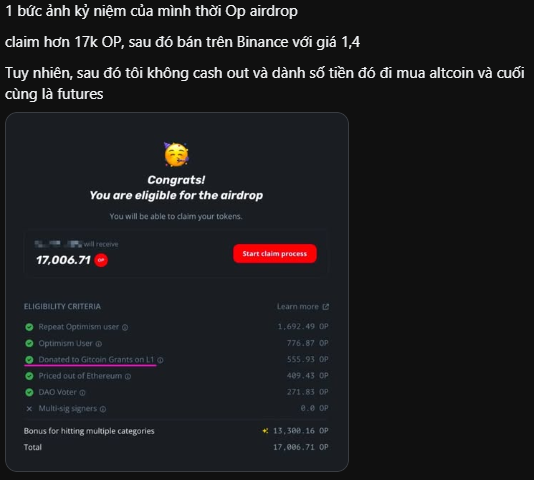 Screenshot with Vietnamese text at top describing crypto airdrop experience, showing a 'Congrats! You are eligible for the airdrop' message with 17,006.71 OP tokens available to claim, listing eligibility criteria including 'Repeat Optimism user', 'Optimism User', and 'Priced out of Ethereum'.
