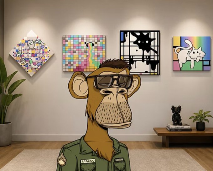 The image features a cartoon monkey wearing glasses, standing against a wall with several paintings hanging above him. One of these paintings depicts a cat, while another shows a bird. The monkey appears to be posing for the photo or simply observing its surroundings. The text in the image reads "HE LIKES THE ART @BoredApeYC MetroTower Stacks @doodles x Piet Mondrian Collection!". This suggests that the monkey is interested in and appreciates art, specifically the works of Piet Mondrian.