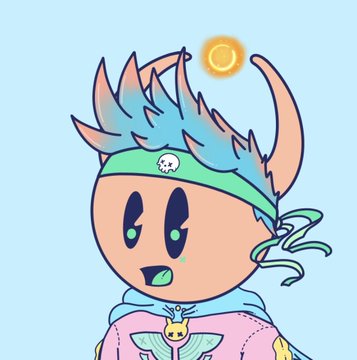 A cartoon character with peach-colored skin, teal hair, a green headband with a small skull emblem, and a pink hoodie with a bee design, featuring a glowing orange ring above its head.