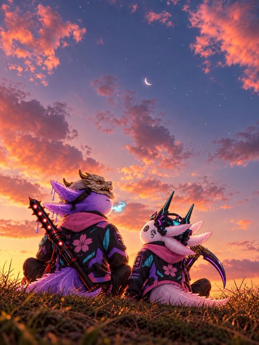 A digital artwork showing two anthropomorphic furry characters in pink and black jackets sitting on grass, watching a vibrant sunset sky with a crescent moon and stars.