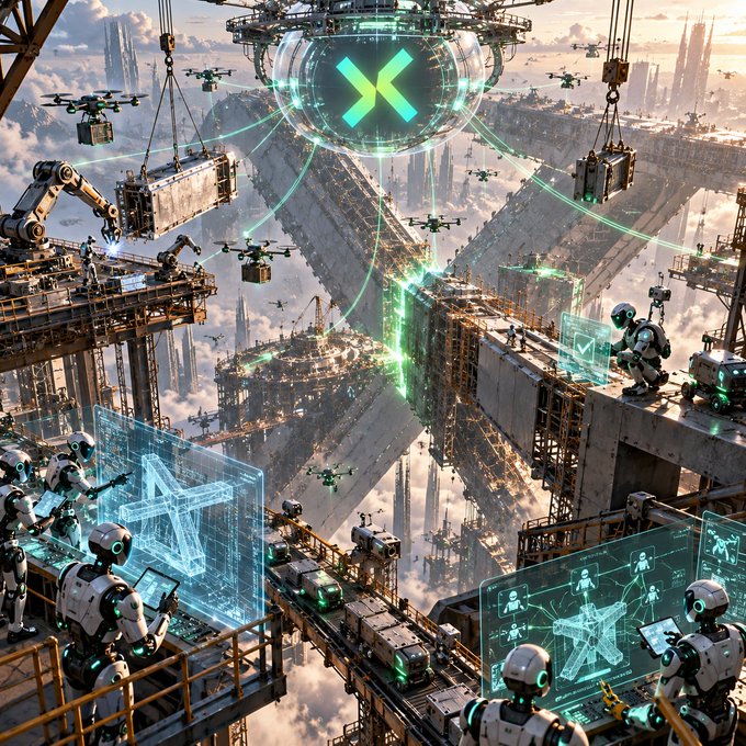A futuristic sci-fi illustration depicting robots and drones working on massive industrial structures in the clouds, with a glowing teal 'X' logo at the center and holographic displays showing AI figures.