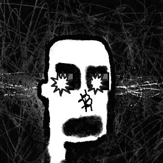 A dark, stylized black and white digital illustration of a face with large, dripping eyes and a stitched mouth against a textured background.