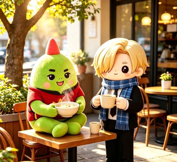 An animated scene of a cute green character wearing a red hat and shirt sitting at a cafe table with a bowl of food, while a blonde boy in a plaid scarf holds a steaming cup beside him.