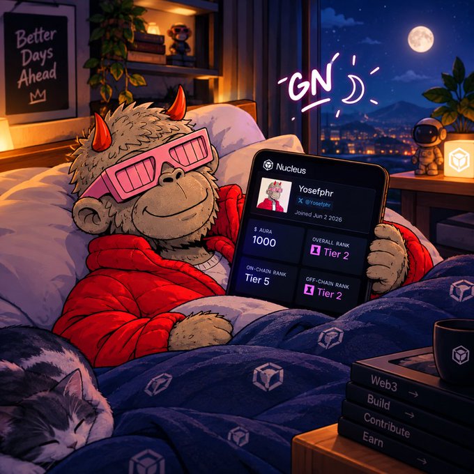 A cartoon illustration of a furry horned creature in pink sunglasses and a red hoodie relaxing in bed, holding a phone displaying the 'Nucleus' app profile for 'Yosefphr' with various Tier rankings.