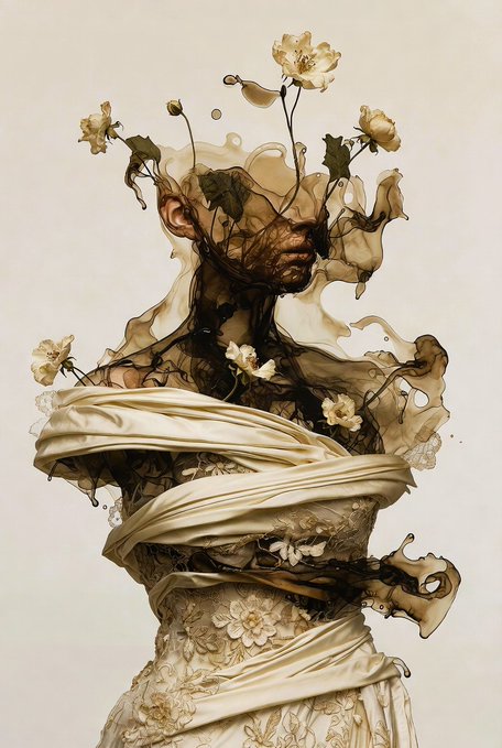 A surreal portrait of a figure with a melting, floral-decorated head wearing a wrapped, cream-colored dress against a light background.
