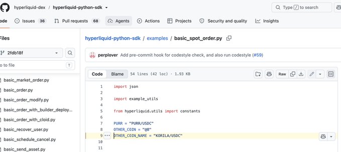 A screenshot of a GitHub repository page for 'hyperliquid-python-sdk' displays a Python file 'basic_spot_order.py' with code importing constants and setting variables like PURR_USDC and OTHER_COIN = 'XOR/USDC'.