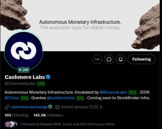 A screenshot of the Cashmere Labs Twitter profile showing 145.9K followers, with the account @CashmereLabs described as "Autonomous Monetary Infrastructure" incubated by @BinanceLabs. The image relates to an NFT giveaway promotion requiring users to follow Cashmere Labs and other accounts to qualify.