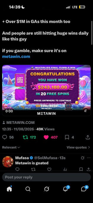 This image shows a screenshot of an X/Twitter post by @SolMufasa advertising MetaWin.com, featuring a slot machine "Tumble Win" screen displaying a $243,180.00 jackpot win in 20 free spins, with a reply from @Mufasa commenting "Metawin is goated." The post, tied to the Solana token contract address "BakyXRTtW2cdivHrqoENQhSfaMjGLRgDudV8QSBGcKNf," appears to be promotional content for a Solana-based gambling platform boasting over $1M in GAs for the month.