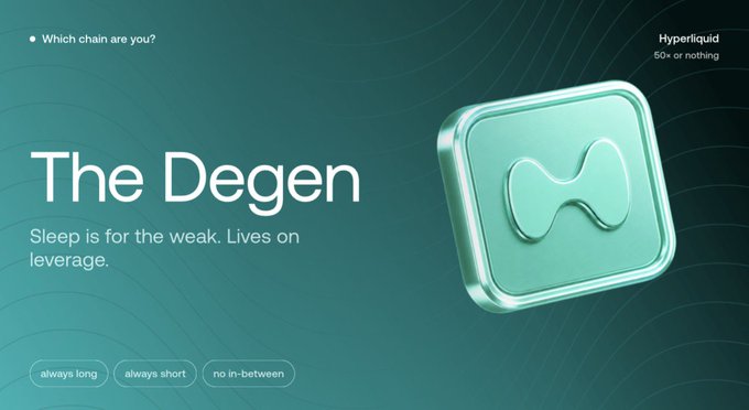 A webpage header titled 'The Degen' with the tagline 'Sleep is for the weak. Lives on leverage,' featuring a 3D teal icon for Hyperliquid and tags 'always long', 'always short', and 'no in-between'.