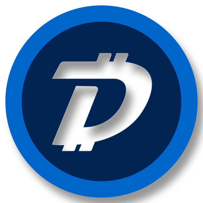 A blue circular logo featuring a stylized silver letter 'D' intersected by two horizontal lines, recognizable as the Digibyte cryptocurrency symbol.