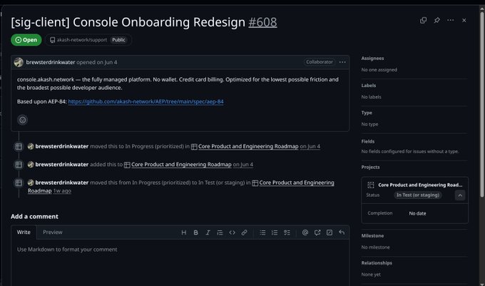 A GitHub issue page titled '[sig-client] Console Onboarding Redesign #608' showing collaboration activity on the 'akash.network' project.