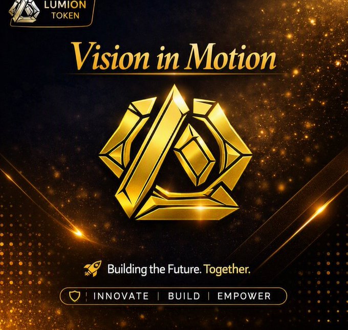 A promotional graphic for 'LUMION TOKEN' with 'Vision in Motion' tagline, featuring a golden geometric emblem and the words 'INNOVATE | BUILD | EMPOWER'.