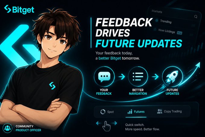 The image features a cartoon boy wearing a black shirt with blue text that says "Feedback Drives Future Updates" and has a speech bubble containing the phrase "Your voice can literally change how a crypto exchange works". The boy appears to be standing in front of a computer screen, which is displaying a website or app related to cryptocurrency.