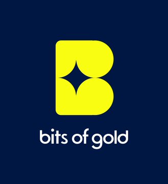 A logo for "bits of gold" featuring a stylized yellow letter "B" with a star shape on a dark blue background.