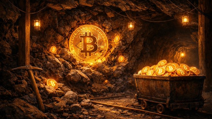 A dimly lit cavern features a glowing Bitcoin symbol emblazoned on the rock wall, surrounded by scattered "₿" coins, a pickaxe, and a wooden cart overflowing with golden coins resting on mining tracks—evoking the labor-intensive process of crypto mining as Bitcoin mining difficulty hits a near six-month high of 140.58T.