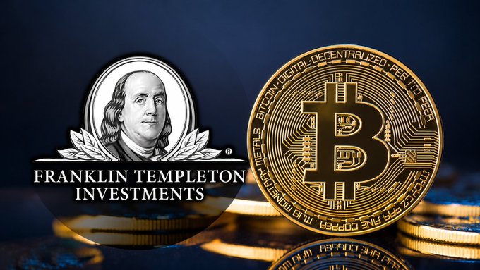 A close-up image of a gold coin with a bitcoin symbol next to it, both appearing to be floating in an overhead shot or watermark. The caption reads "FRANKLIN TEMPLETON FILES two bitcoin divided ETFS Franklin Templeton oversees $1.78 trillion assets." This suggests that the coin is related to Bitcoin and possibly invested in Franklin Templeton's funds for a Bitcoin exposure.